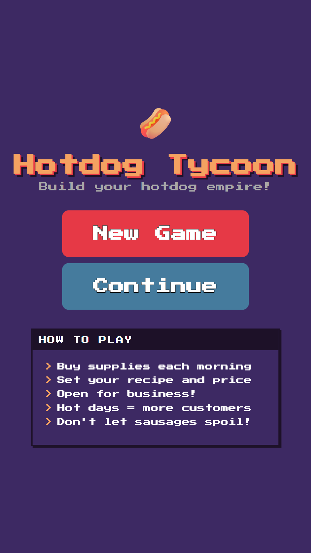 Hotdog Tycoon title screen — build your hotdog empire