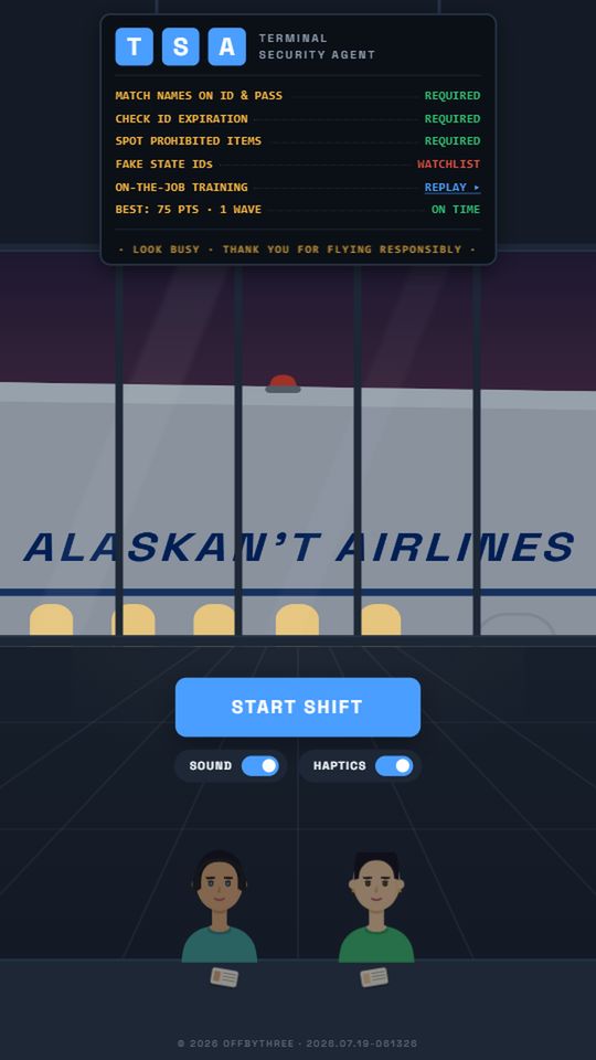 TSA: Terminal Security Agent title screen — a plane docks at the gate